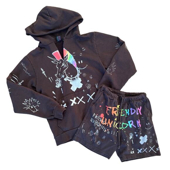 Friendly Unicorn - Punk Hoodie & Sweat Shorts in Brown White & Multi - Picture 1 of 6